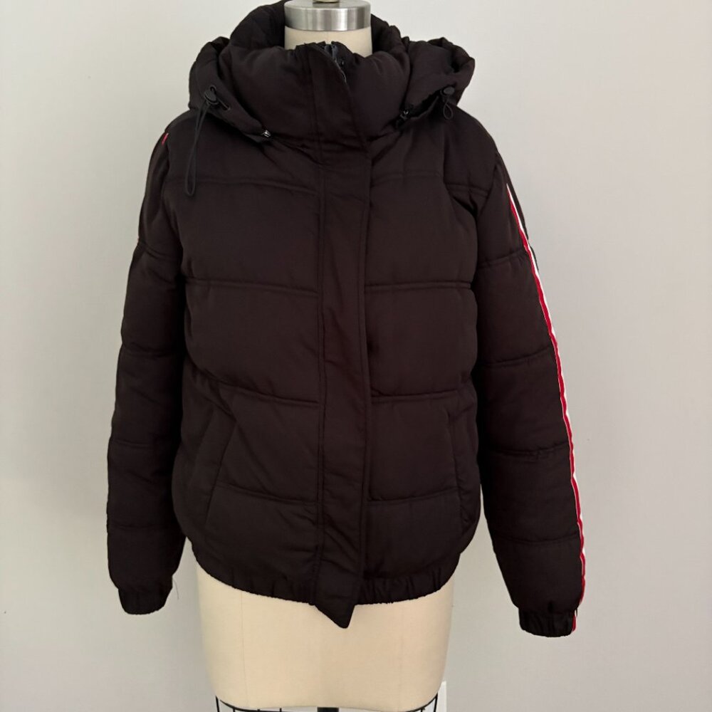 Garage Puffer Jacket Full Zip Detachable Hood Stripes Streetwear Size P/S
